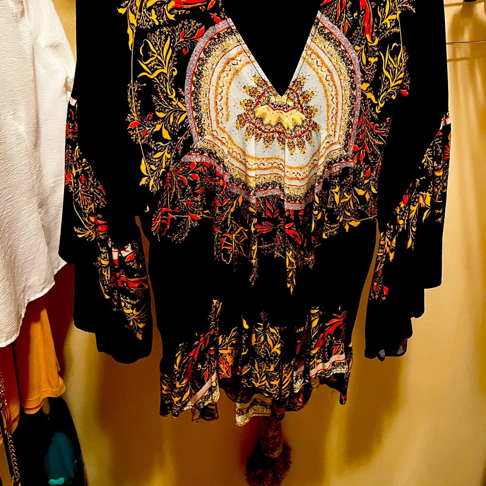 Free People Women’s Bo-ho style top (Navy blue with orange and gold; XS/Medium
